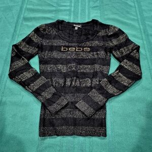 Bebe Gold Studded Logo Black/Gold Metallic Color blocked Chenille Sweater - S